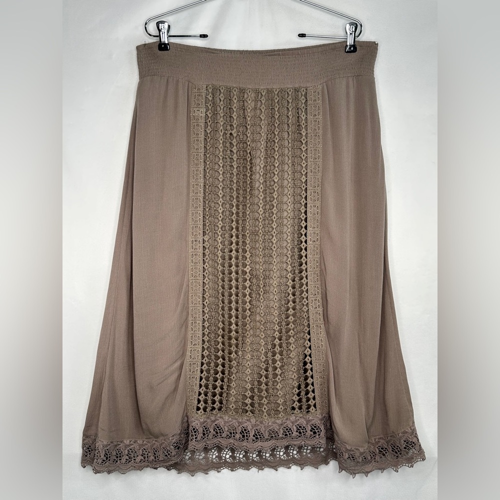 Chico's Talpa Taupe Maxi Skirt Center Front Lace Elastic Waist Bohemian Sz 2 (L)
